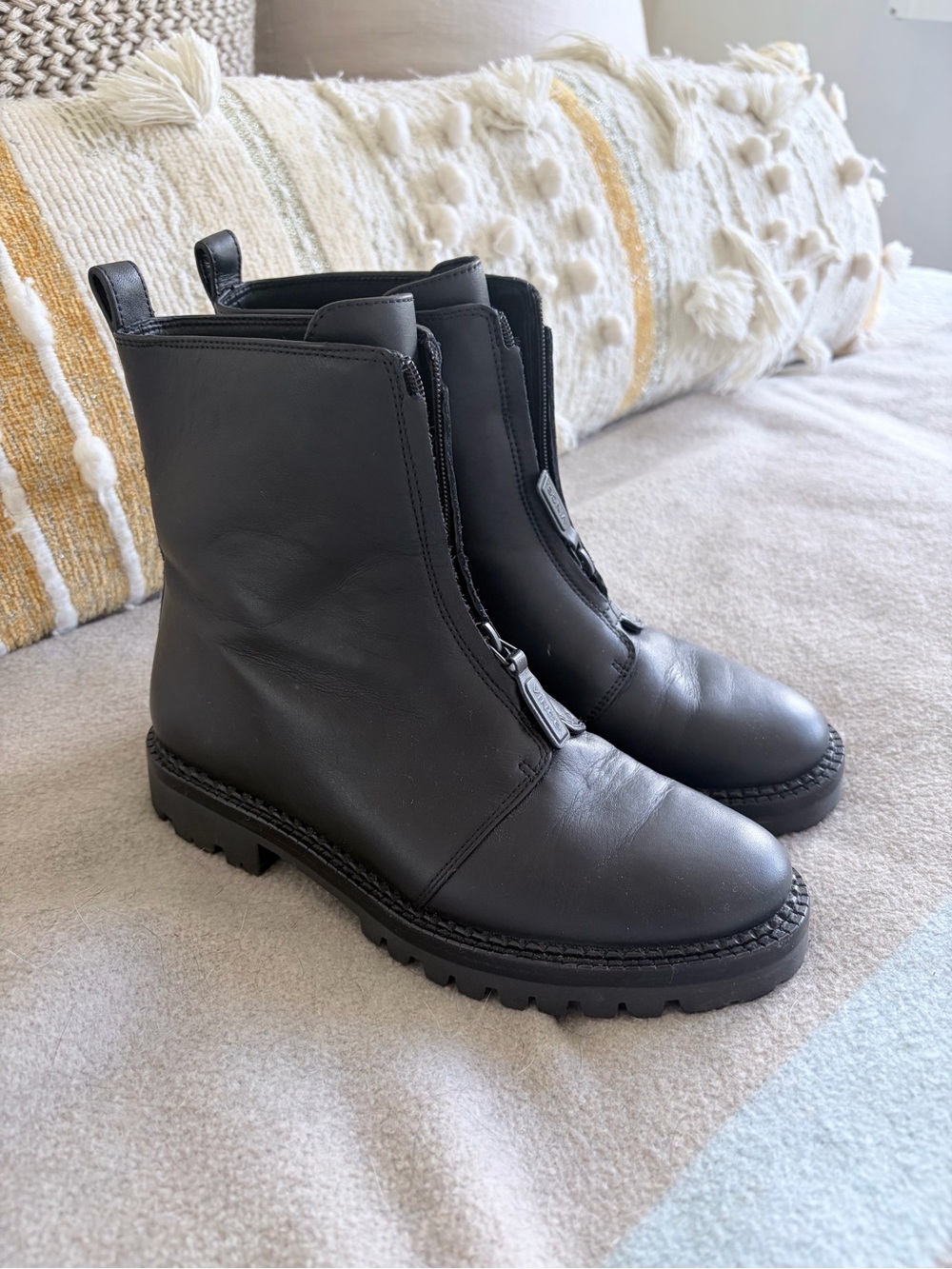 Vince Black Front-Zip Leather Combat Boots